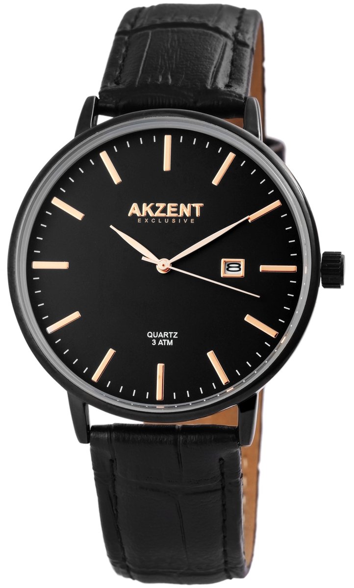 Akzent-Heren horloge-Analoog-Rond-42MM-Zwart-Zwart lederen band.