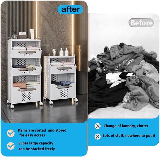Wasmand met wieltjes, 3 vakken, wasmandwagen, meerlaagse kunststof wasverzamelaar met opbergrek, wassorteersysteem, wasverzamelbox voor slaapkamer, badkamer, wit