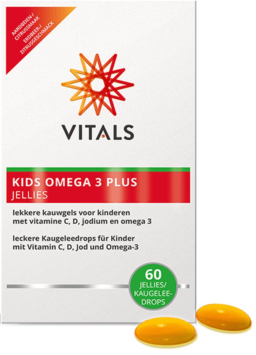Goedkoopste Vitals Kids Omega 3 Plus Jellies - 60 jellies- visolie. Lekkere kauwgels voor kinderen met vitamine C, D, jodium en omega 3.