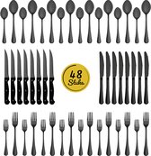 LW Collection set de couverts 8 personnes 48 pièces noir - set de couverts noir lavable au lave-vaisselle - Cuillères, Couteaux, Fourchettes & Couteaux à steak