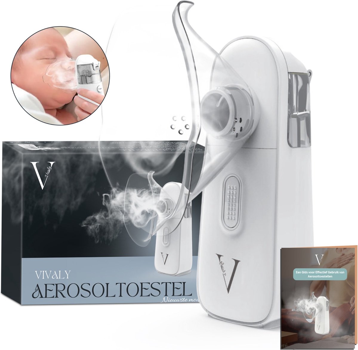 Vivaly® Aerosoltoestel - Ultrasone Vernevelaar - Inhalator - Nebulizer - Inhalatieapparaat voor Kinderen en Volwassenen - Gezichtsstomer - 3 Mondstukken - Oplaadbaar - Incl. Luxe Opbergtas & E-book