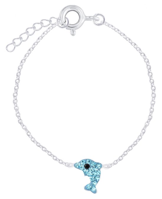 Joy|S - Zilveren dolfijn armband - blauw kristal - 14 cm + 2 cm extension - voor kinderen