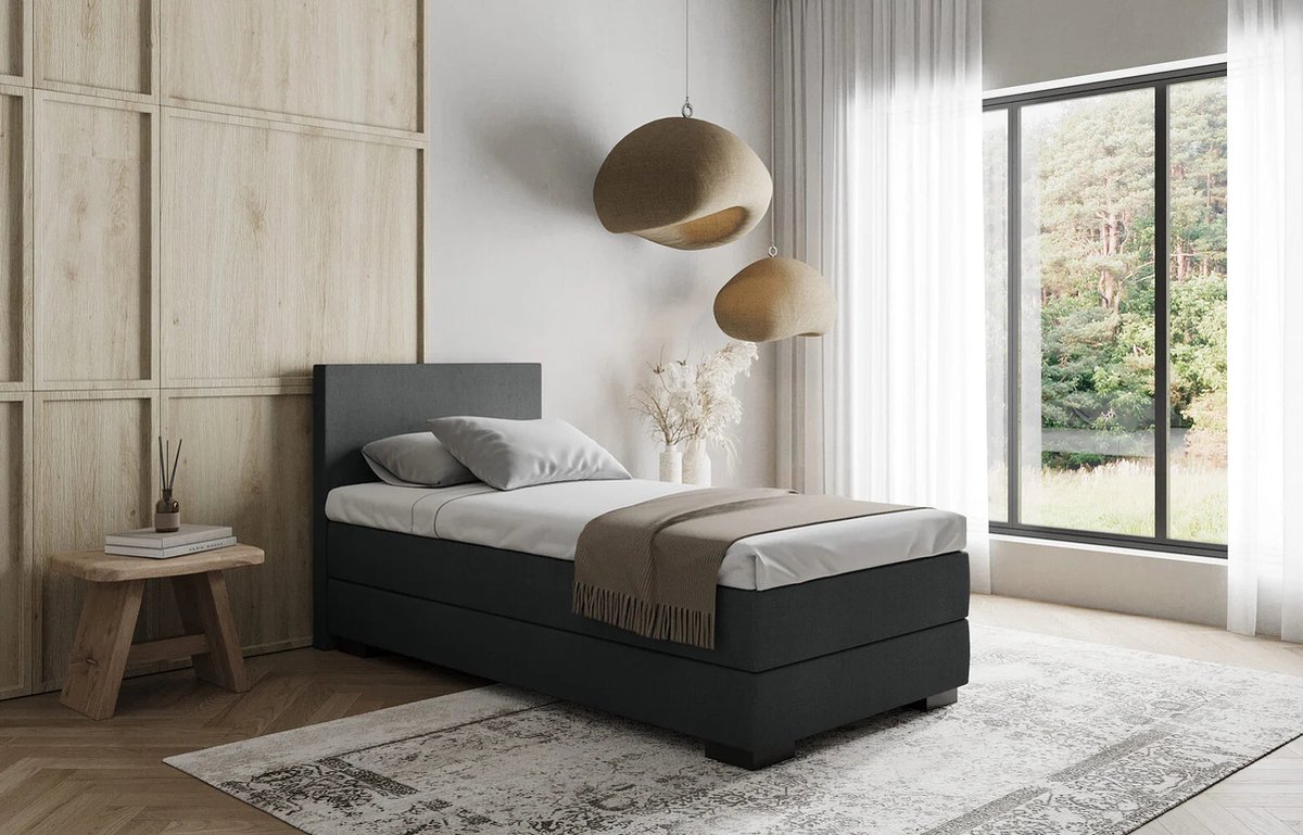 Boxspring Basic - 90x200 - Boxspring Met Matras - Hotel boxspring - Antraciet harde box - steviger ligcomfort - Pocketvering Matras