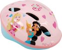 Roze kinderhelm met afbeeldingen van Disney prinsessen Jasmine en Aurora, met harten en diamanten. Blauwe rand.