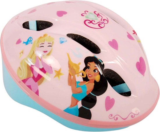 Roze kinderhelm met afbeeldingen van Disney prinsessen Jasmine en Aurora, met harten en diamanten. Blauwe rand.