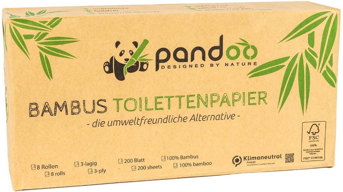 Pandoo Bamboe Toiletpapier - 8 rollen - Zachtheid - Plasticvrij - Veganistisch