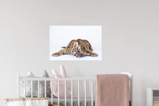 Sticker Muursticker Tigre sur fond blanc - Tigre endormi sur fond blanc - 60x40 cm - film autocollant - sticker mural repositionnable