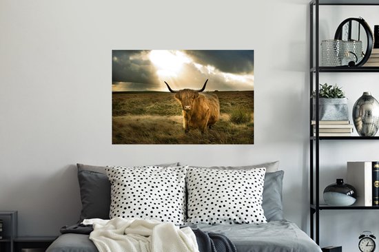 Muurstickers - Sticker Folie - Schotse Hooglander - Zon - Dieren - 90x60 cm - Plakfolie - Muurstickers Kinderkamer - Zelfklevend Behang - Zelfklevend behangpapier - Stickerfolie