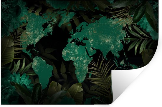 Muursticker Cartes du monde bleu-vert encadrée de feuillage tropical et de fleurs bleu-vert - 120x80 cm - feuille adhésive adhésive - stickers muraux repositionnables