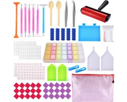 DiverseGoods Diamond Painting accessoireset, 91 stuks DIY 5D Diamond Painting gereedschapsset met diamantschildergereedschap, roller, plaat, pincet, tassen, etiketten, lepel, clip, sorteerbox voor doe-het-zelf kunst