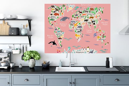 Muurstickers - Sticker Folie - Wereldkaart - Kinderen - Roze - Dieren - 120x90 cm - Plakfolie - Muurstickers Kinderkamer - Zelfklevend Behang - Zelfklevend behangpapier - Stickerfolie