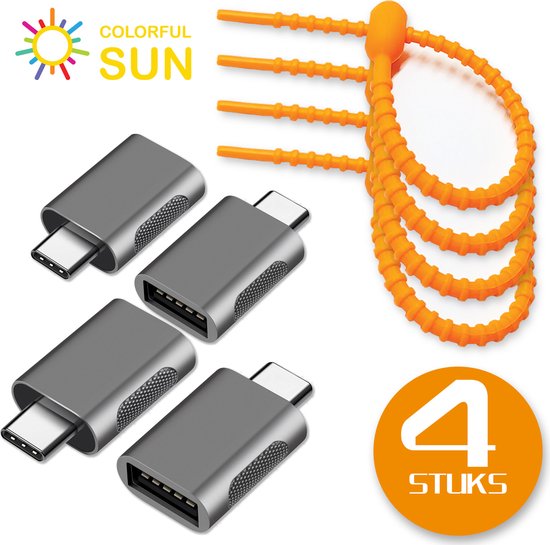 Colorful Sun® USB-C naar USB-A adapter - 4 stuks - USB C to USB A - Gratis kabel-organizer - USB C Male naar USB A Female - USB 3.2 - 10 Gbps - Hub - Verloop - Space Grey