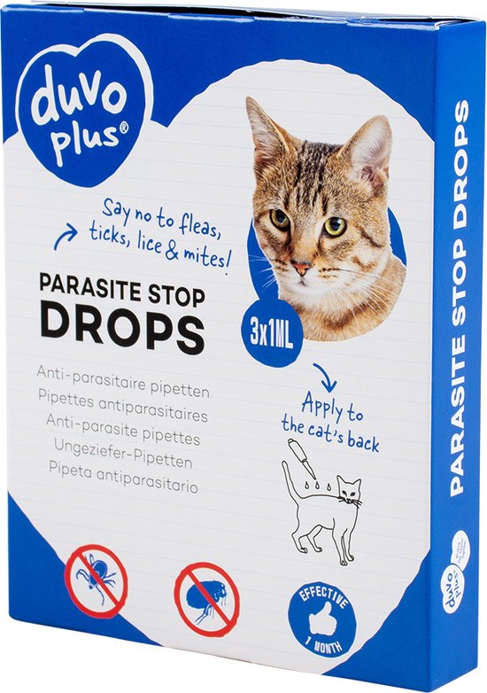 Doos met Duvo+ Parasite Stop Drops, met een afbeelding van een kat en instructies voor gebruik.