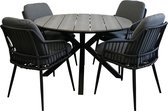 Ensemble de jardin rond 5 pièces | 4 chaises de jardin Isabel (Noir) | Table de jardin Chypre ø120cm (Gris)