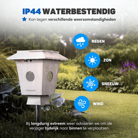 Wit ultrasoon apparaat "Vulpes Goods" op paal, bestand tegen regen, zon, sneeuw en wind, met icoontjes.
