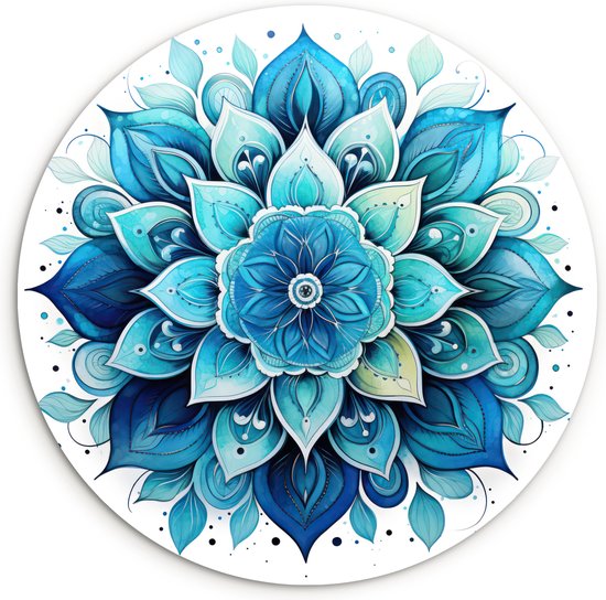 WallCircle - Wandcirkel ⌀ 90 - Mandala - Blauw - Wit - Bloemen - Ronde schilderijen woonkamer - Wandbord rond - Muurdecoratie cirkel - Kamer decoratie binnen - Wanddecoratie muurcirkel - Woonaccessoires