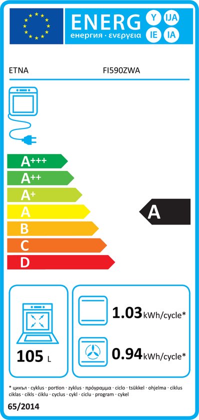 Energie-etiket van fornuis ETNA FI590ZWA: energieklasse A, 105L oveninhoud, 1.03 kWh/cyclus voor oven, 0.94 kWh/cyclus voor grill.