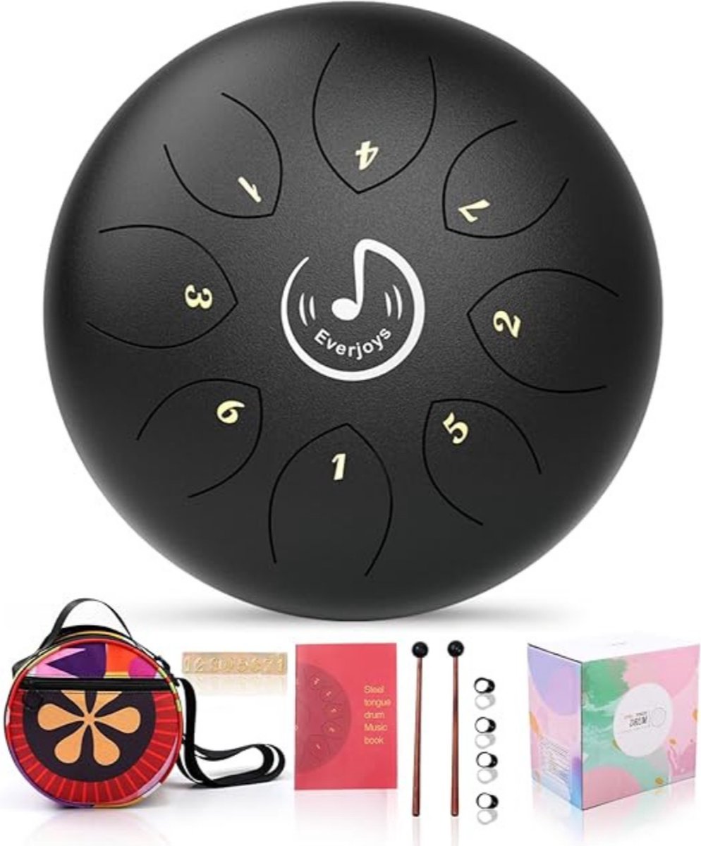 Tongdrum – Handpan – Staal – Tongue Drum Set – Muziekinstrument – 8 Noten – met Draagtas & Muziekboek – Meditatie / Yoga - Zwart