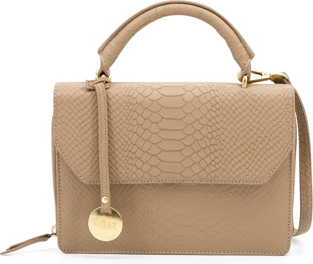 MŌSZ Leren dames handtas - taupe slangenprint : Schoudertas / crossbody