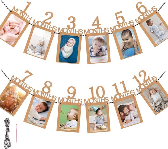 Fotoslinger - Fotolijst Baby Eerste Jaar - Bruin - Fotokader - Cadeau Baby 1 Jaar - Kraamkado