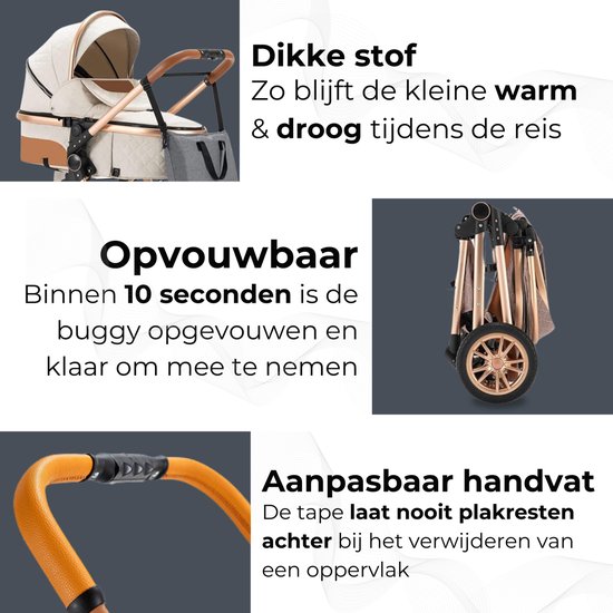 Gedetailleerde opname van de oranje duwstang van de kinderwagen en een opgevouwen beige kinderwagen met goudkleurig frame.
