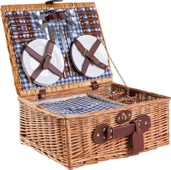 eGenuss Rieten Picknickmand voor 2 Personen met Isothermisch Compartiment, Inclusief Accessoires, Fleece Deken, Borden Set - Rood en Wit Geruit, 35 x 27 x 16 cm