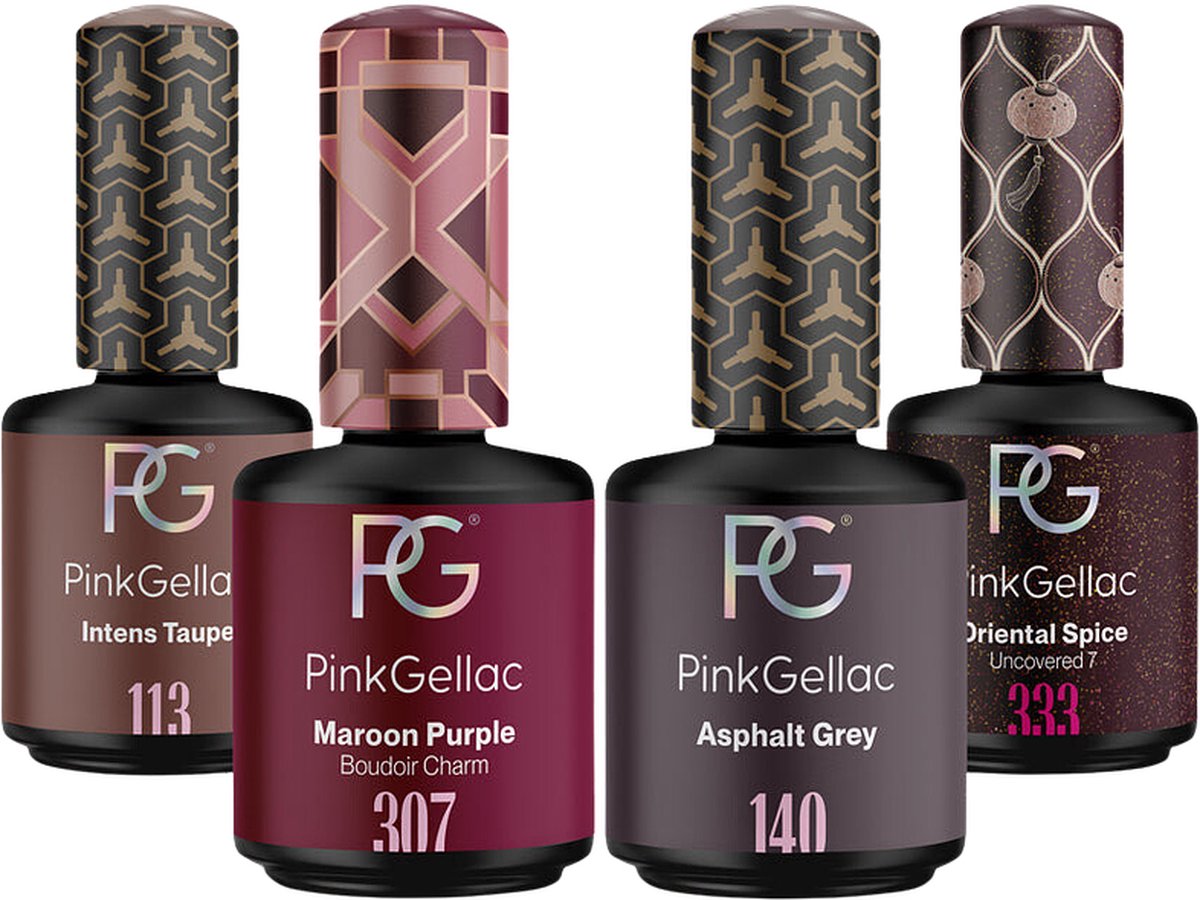 Pink Gellac Gellak Set met 4 x 15ml Kleuren - 113 Intens Taupe - 307 Maroon Purple - 140 Asphalt Grey - 333 Oriental Spice - Gel Nagellak