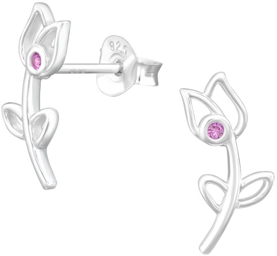 Joy|S - Zilveren tulp bloem oorbellen - 7 x 13 mm - roze zirkonia - oorknoppen