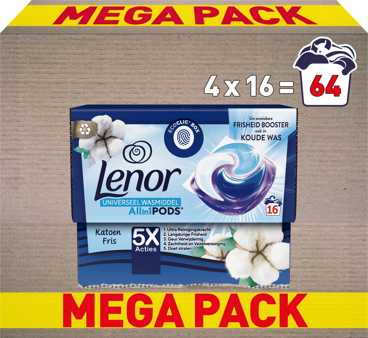 Goedkoopste Lenor Wasmiddel Pods - Katoen Fris - 4 x 16 Capsules - Voordeelverpakking