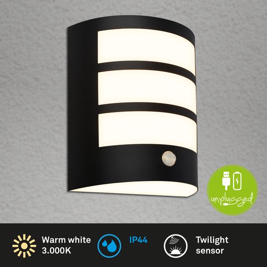 BRILONER - LED Akku wandlamp - Bewegingsmelder - Schemersensor - Zwart - Verwisselbare batterij - Verwisselbare voet - 18 x 15 x 7 cm - Zwart