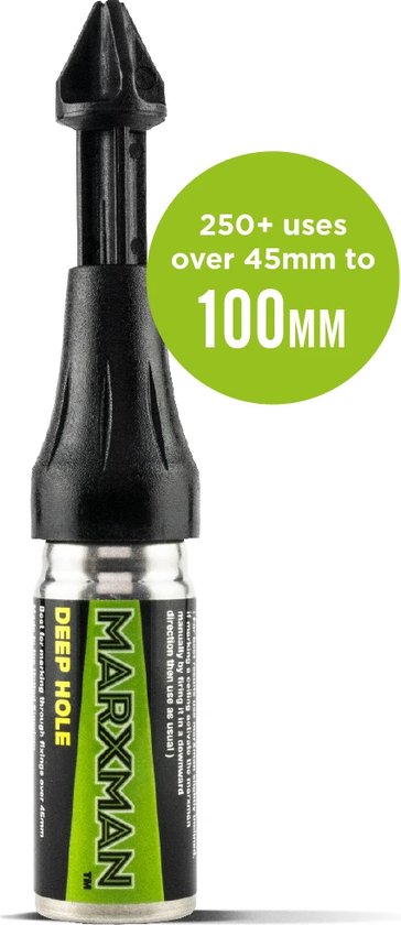 Een zwarte Marxman Deep Hole markeerpen met groene tekst "250+ uses over 45mm to 100mm".