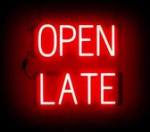 OPEN LATE - Enseigne lumineuse à LED au néon illuminée | SortBrite | 43 x 38 cm | 6 modes de gradation - 8 animations lumineuses | Éclairage au néon pour panneaux publicitaires