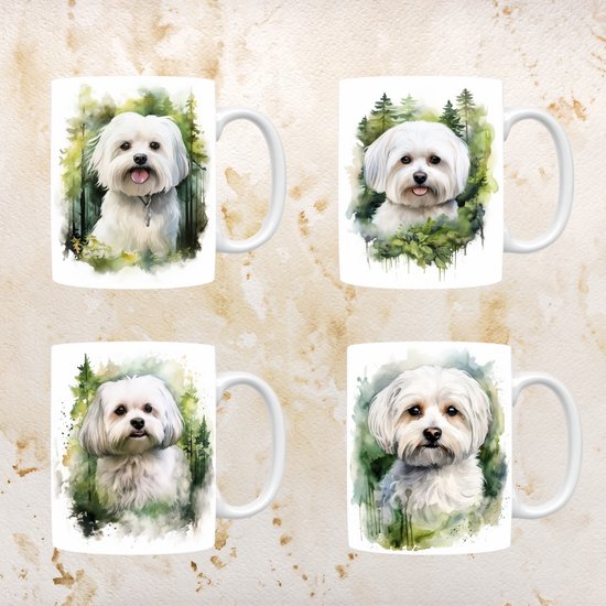 Lot de 4 tasses maltaises, vaisselle pour les amoureux des chiens, chien, tasse à thé, tasse, sac à café, café, cadeau, mère, grand-mère, décoration de Pâques, Noël, anniversaire