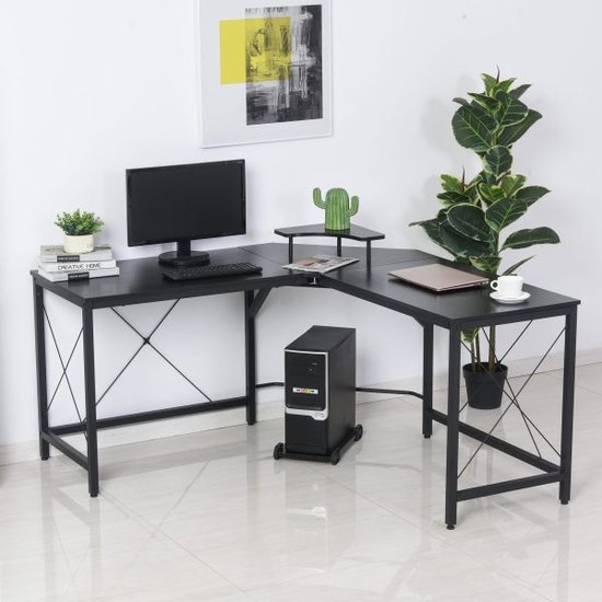 Eckschreibtisch L-förmiger Computertisch Schreibtisch mit Monitorständer, Bürotisch im Industrie-Design, Stahl, Schwarz, 150 x 150 x 76 cm