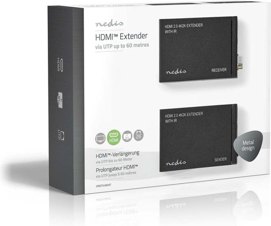 Nedis VREP3480AT, Émetteur et récepteur AV, 60 m, Avec fil, Anthracite