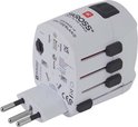 Witte SKROSS wereldreisadapter met Europese stekker, 'Designed in Switzerland'.