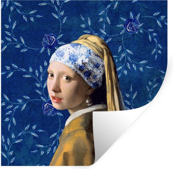 Muurstickers - Sticker Folie - Meisje met de parel - Delfts blauw - Vermeer - Bloemen - Schilderij - Oude meesters - 100x100 cm - Plakfolie - Muurstickers Kinderkamer - Zelfklevend Behang XXL - Zelfklevend behangpapier - Stickerfolie