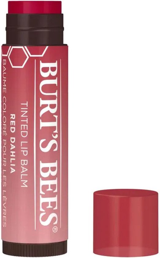 Burt's Bees getinte lippenbalsem in de kleur Red Dahlia, met de dop eraf.