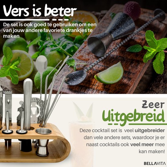 BELLAVITA ® Cocktail Set - 16-delig - 750ml - Cocktail shaker - Cocktailset - Cocktailshaker - Bartender set - Maatbeker - RVS - Bamboe - Drank - Drankjes maken - Feest