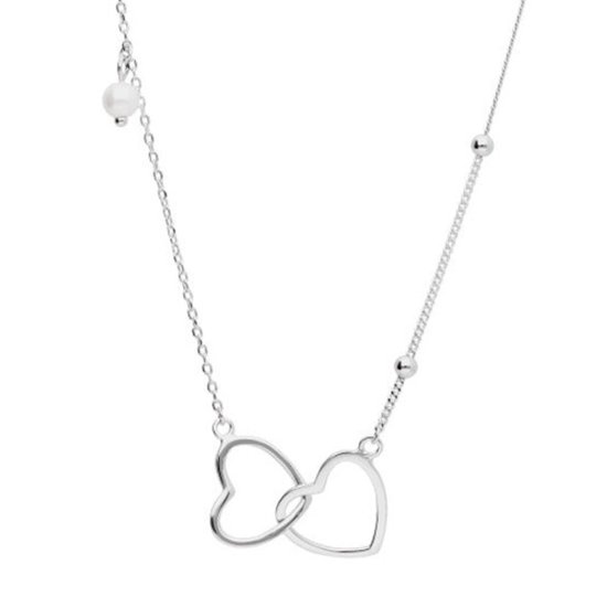 Dames Ketting met hanger 2 harten met rivierparel en kralen - Echt Zilver - Ketting - Cadeau - 45 cm - Gerhodineerd - Zilverkleurig