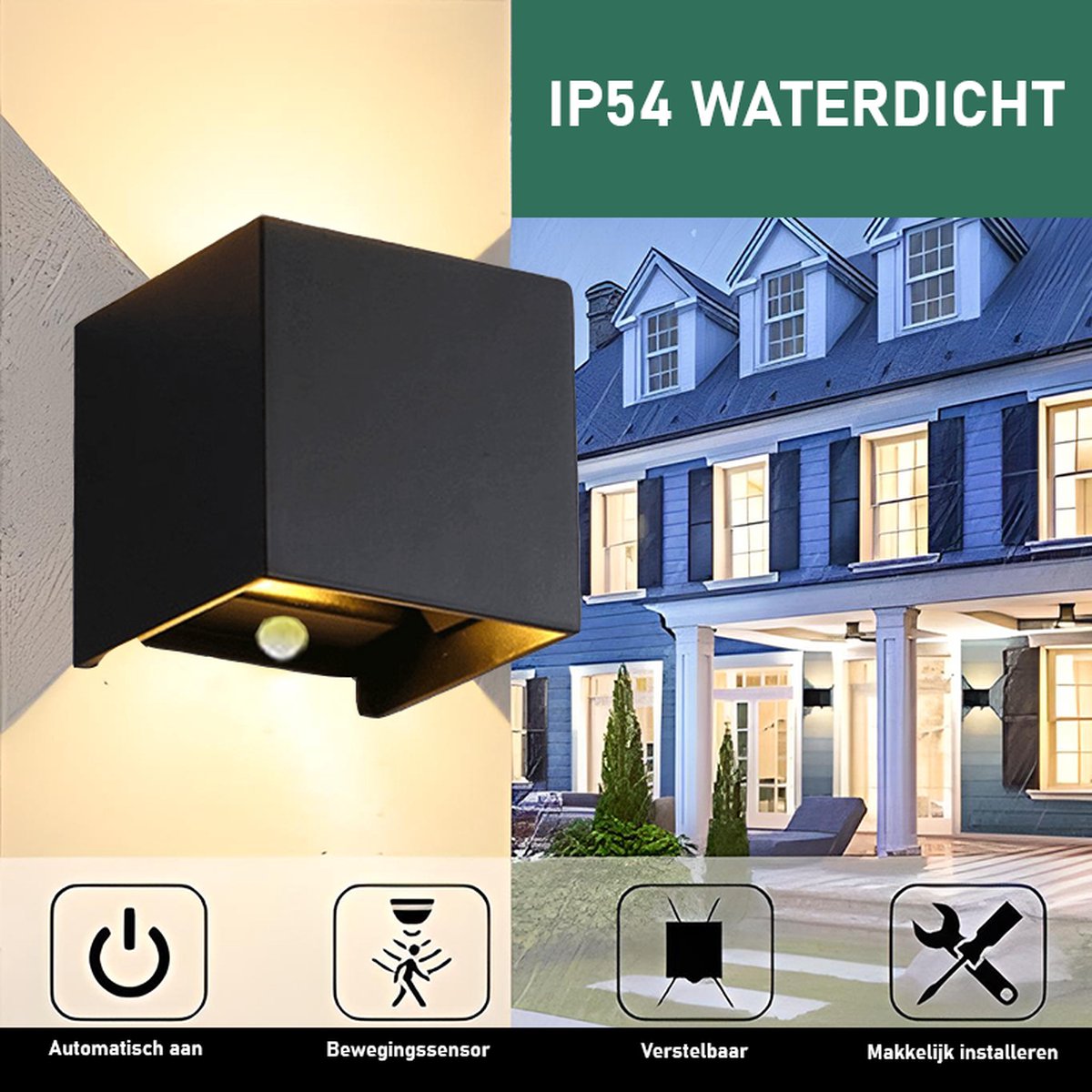 Wandlamp | Bewegingssensor | Vierkant | Zwart | 6W | Buitenverlichting | 3000K warm wit | IP54 waterdicht