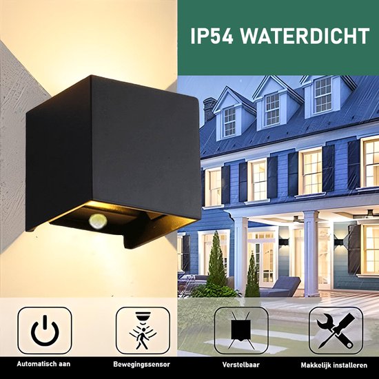 Wandlamp bewegingssensor zwart LED - buitenverlichting - binnen en buiten - buitenlamp - tweezijdig - muurlamp - up and down - kubuslamp - design - 6 watt - 2700k warm wit - 10x10x10cm - IP54