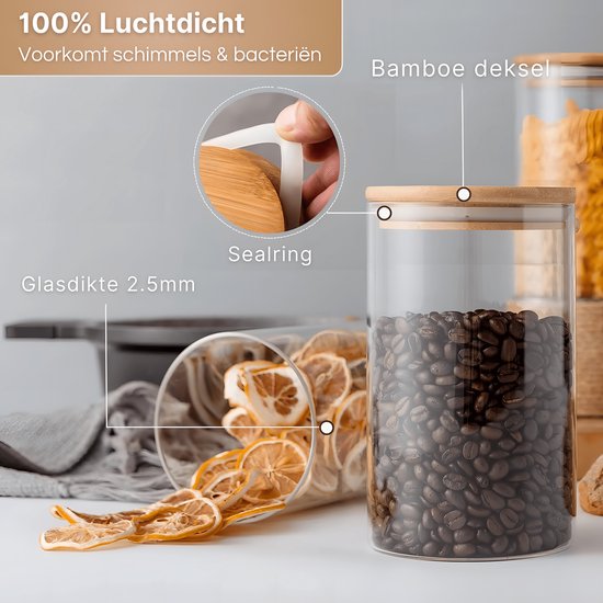 Quality Bidons alimentaires - Boîtes - Glas avec couvercle - 1200 ML - Ensemble de 4 pièces - Durable - Autocollants et stylo réinscriptibles gratuits