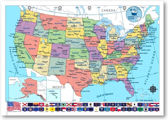 Amerika kaart poster - USA - Educatief - Verenigde Staten - UV lak - 70 x 100 cm - Vlaggen