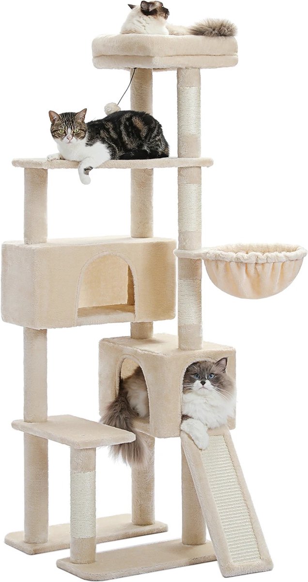 NewWave® - Katten Krabpaal - 184cm Lengte - Beige - Multi Level Cat Tree - Hangmat - Kattenspeelgoed - Kattenkrabpaal