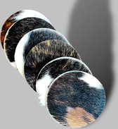 Koeienhuid onderzetters - anti slip - rond - tri color - zwart/bruin/wit