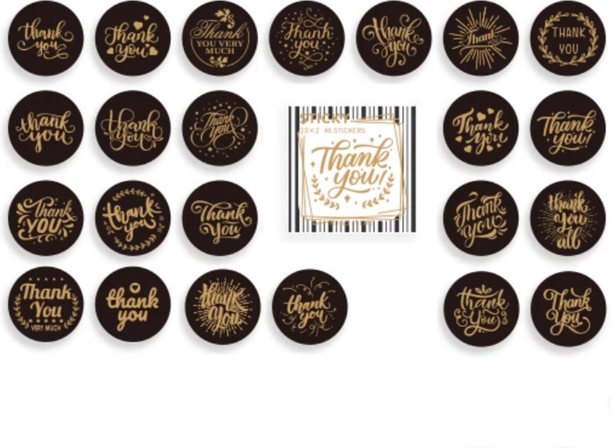 Ainy - Sluitstickers Thank You Zwart - 46 stuks bedankt stickers van 35 mm - ideaal voor cadeauverpakkingen, uitdeelzakjes, bedanktjes, traktatie en afscheid basisschool of opvang - Bedankt stickers voor kinderen en volwassenen