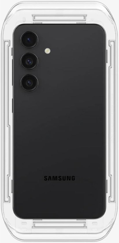Téléphone Samsung S24+ noir dans un étui de protection transparent.