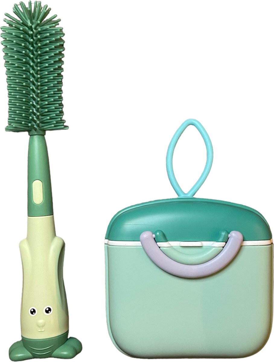 Goedkoopste Babyvoeding bewaarbox met flessenborstel | Groen | Flessenborstel | Reisset | Melkpoeder bewaarbox | Luchtdicht | Baby | Flesvoeding