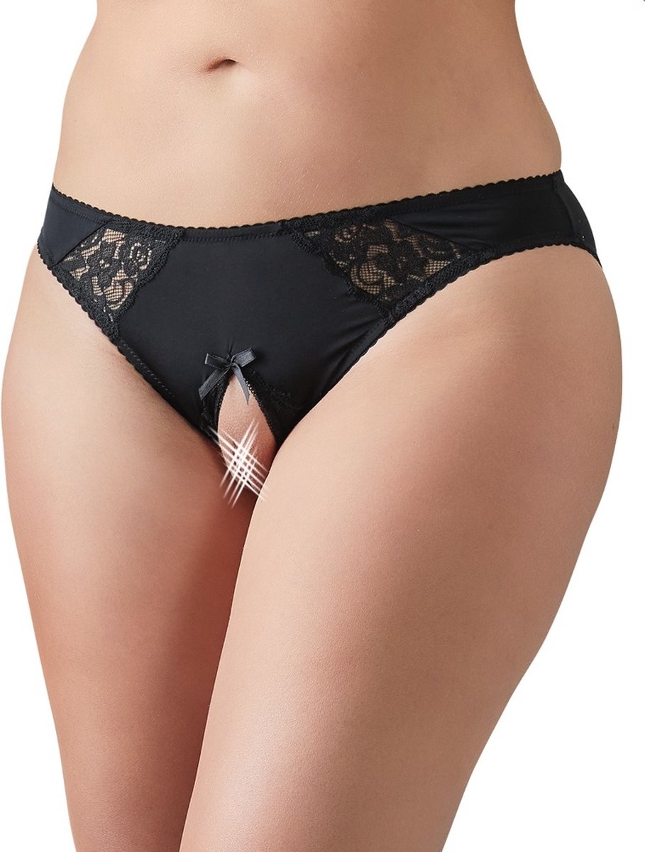 Goedkoopste Cottelli Plus Size – Erotische Slip met Open Kruis en Kanten Inzetstukken – Maat L – Zwart